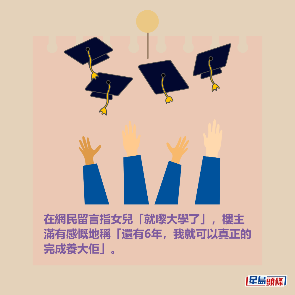 在網民留言指女兒「就嚟大學了」,樓主 滿有感慨地稱「還有6年,我就可以真正的 完成養大佢」。 在網民留言指女兒「就嚟大學了」,樓主 滿有感慨地稱「還有6年,我就可以真正的 完成養大佢」。