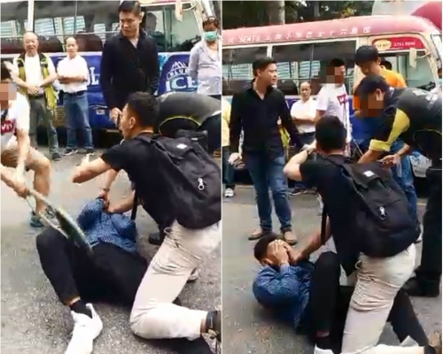 一名街坊持折櫈拍向疑匪，休班警立即喝止停手。網上圖片