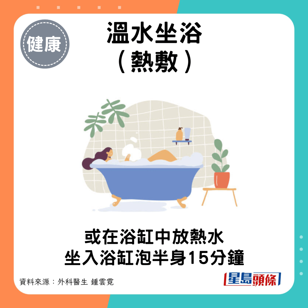 温水坐浴（热敷）：或在浴缸中放热水，坐入浴缸泡半身15分。