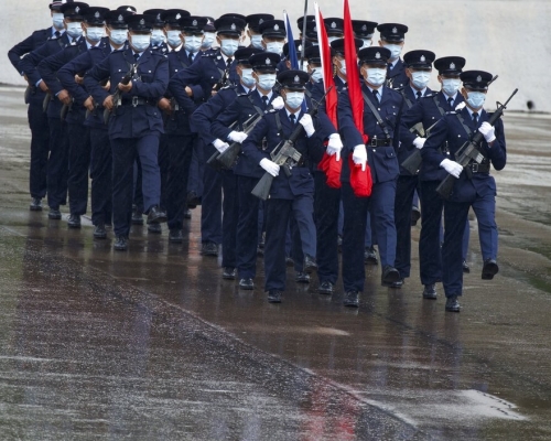 香港五大紀律部隊首次進行中式步操，舉行升旗儀式。AP圖片