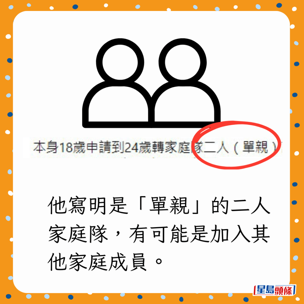 他寫明是「單親」的二人家庭隊，有可能是加入其他家庭成員。