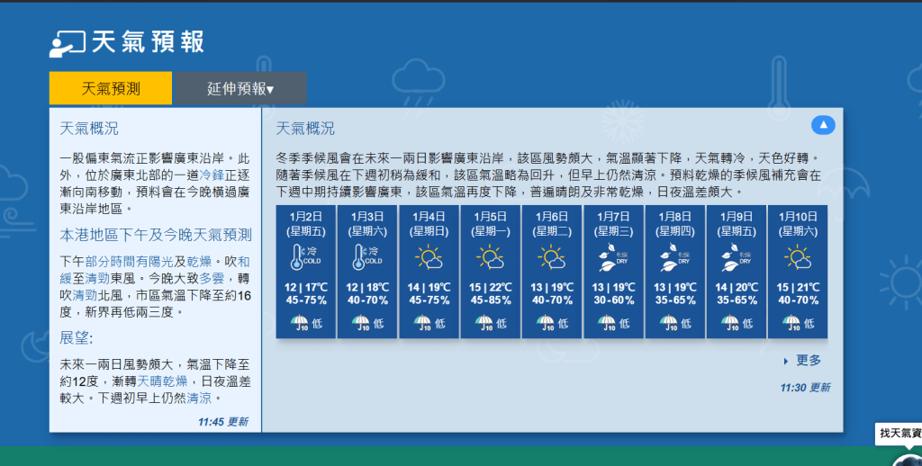根據天文台的9天天氣預報，下周天氣仍然寒冷。天文台網頁擷圖