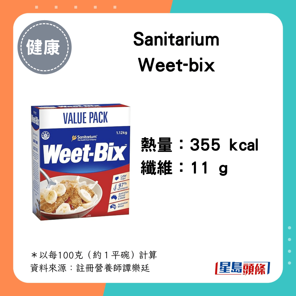 Sanitarium Weet-bix：355 kcal、11g 纖維