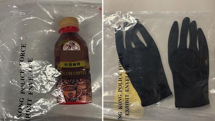 警方在男子身上搜出勞工手套及紅油。警方提供