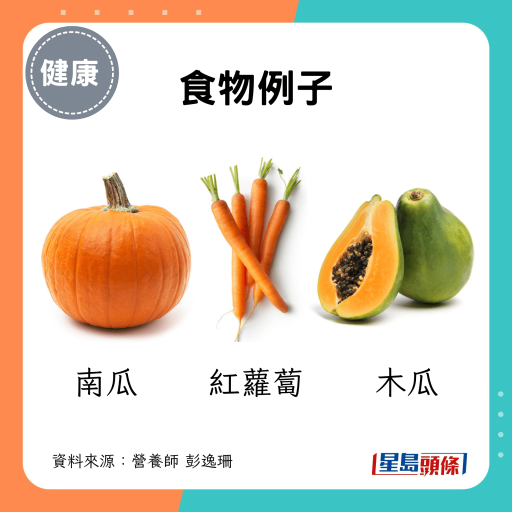 食物例子：南瓜、紅蘿蔔、木瓜