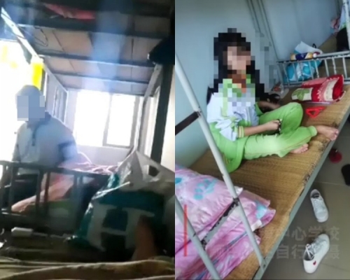 王男(左)疑坐在床邊並猥褻女學生(右)。網圖