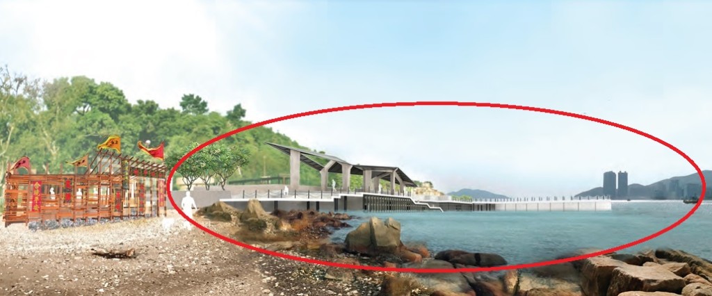 「鲤鱼门海旁改善计划」的工程包括于鲤鱼门地标的灯塔附近建码头、观景长廊及防波堤（红圈）。