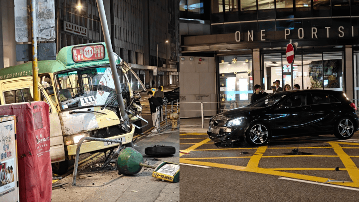 新蒲岗大有街两车撞 专线小巴铲上街人路 撞毁灯柱铁栏。（FB 马路的事讨论区图片）