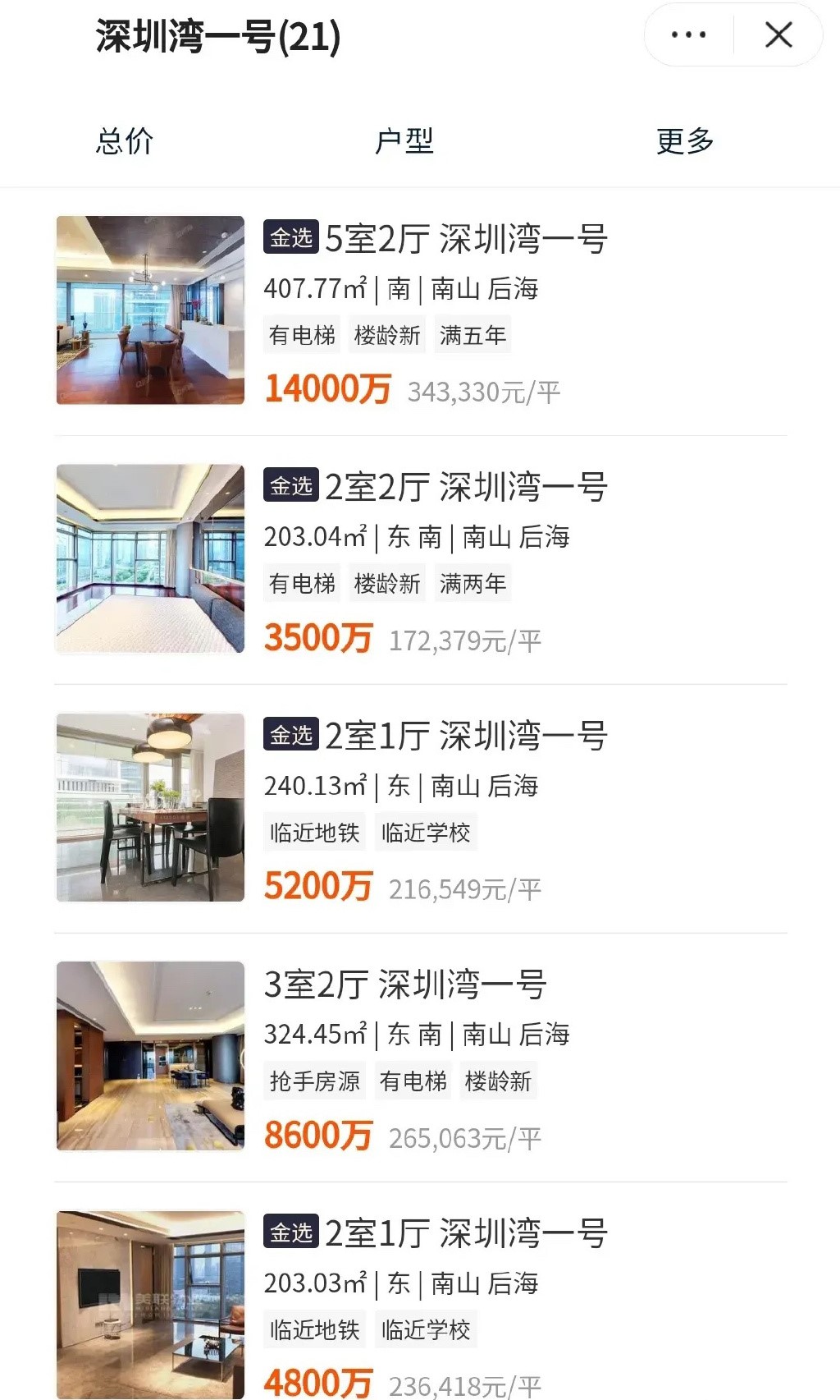 该豪宅小户型2室2厅售价为3,500万人民币（约3900万港币），大户型5室2厅售价为1.4亿人民币（约1.6亿港币）。