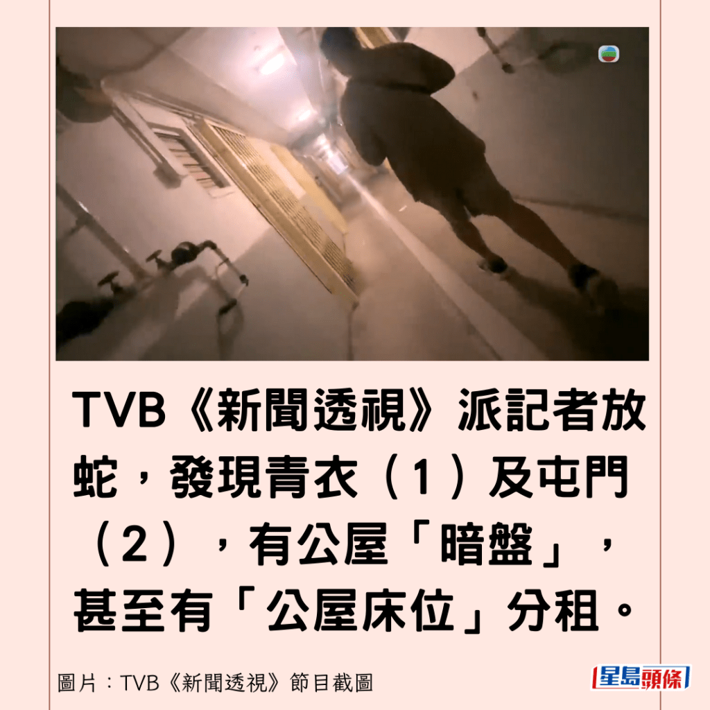 TVB《新聞透視》派記者放蛇，發現青衣（1）及屯門（2），有公屋「暗盤」，甚至有「公屋床位」分租。