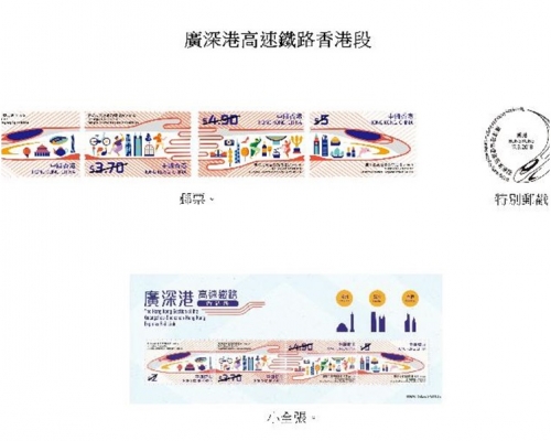 圖示廣深港高鐵特別郵票、特別郵戳、首日封和小全張。圖:香港郵政