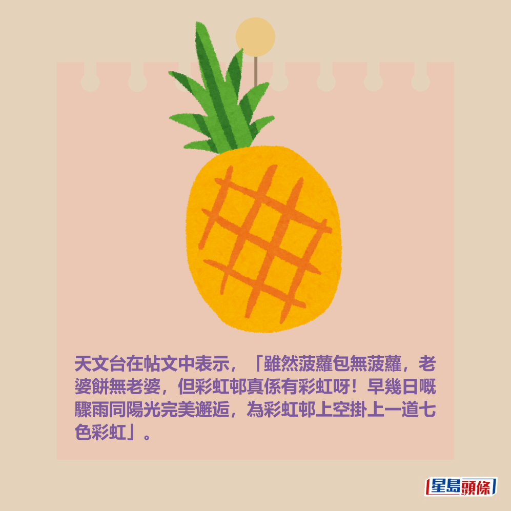 天文台在帖文中表示,「雖然菠蘿包無菠蘿,老 婆餅無老婆,但彩虹邨真係有彩虹呀!早幾日嘅 驟雨同陽光完美邂逅,為彩虹邨上空掛上一道七 色彩虹」。 天文台在帖文中表示,「雖然菠蘿包無菠蘿,老 婆餅無老婆,但彩虹邨真係有彩虹呀!早幾日嘅 驟雨同陽光完美邂逅,為彩虹邨上空掛上一道七 色彩虹」。