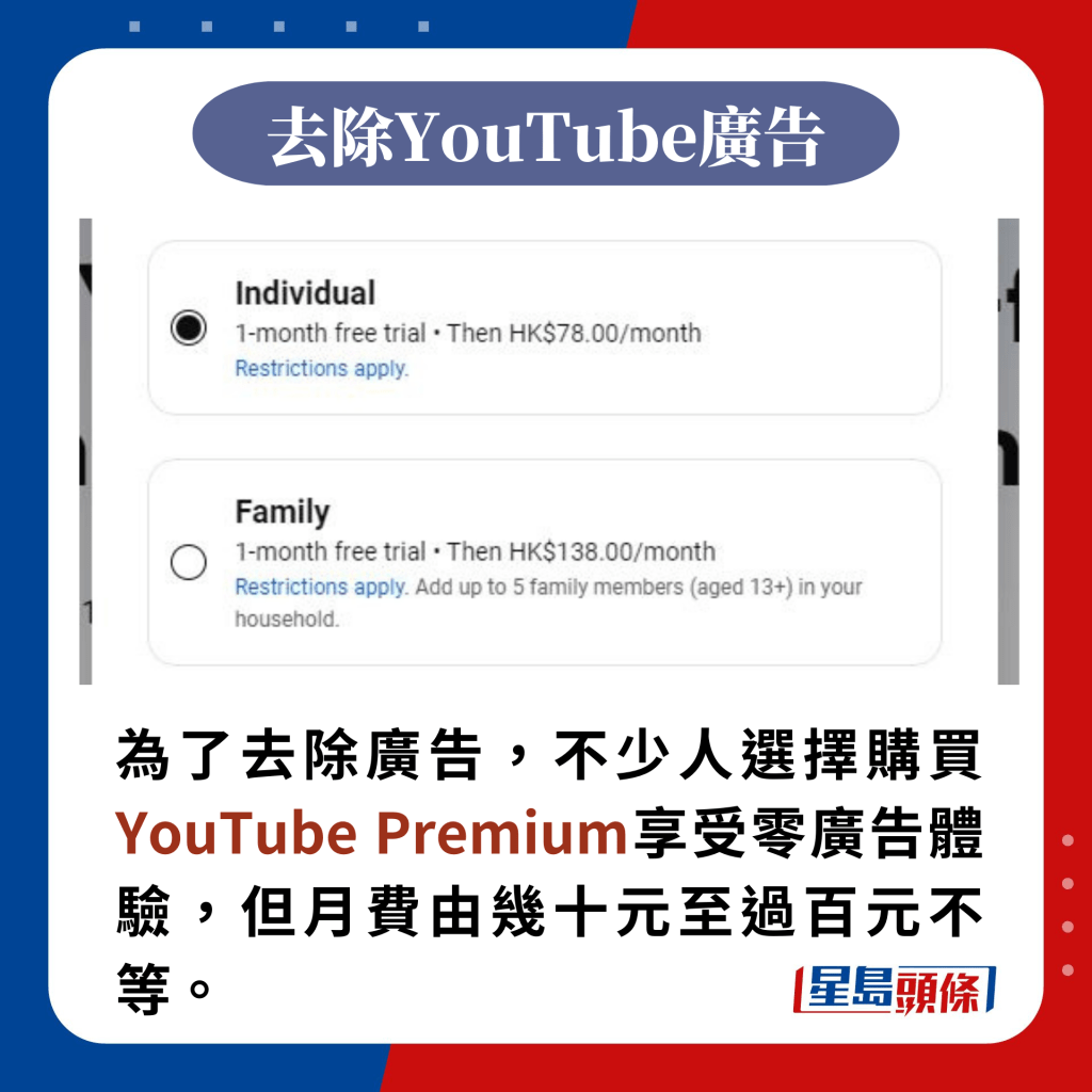 為了去除廣告，不少人選擇購買YouTube Premium享受零廣告體驗，但月費由幾十元至過百元不等。