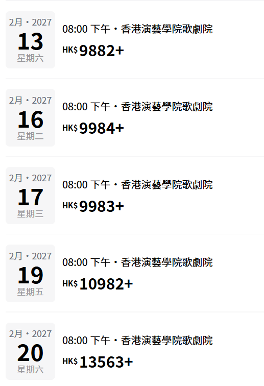 而明年2月的尾場更被炒高至$13,563，令一眾樂迷為之咋舌。