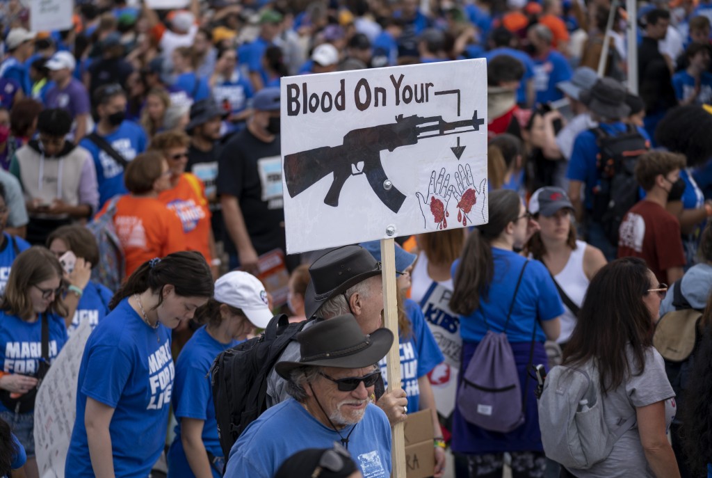 示威者舉起標語要求政府正視槍械問題。AP