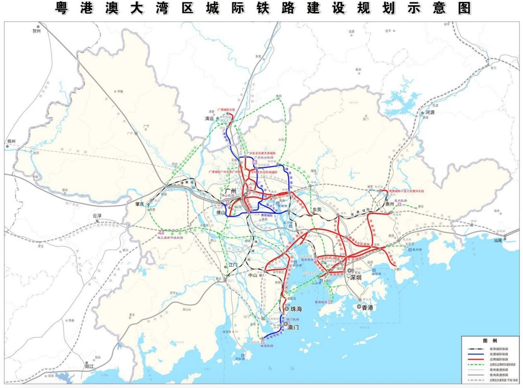 粵港澳大灣區城際鐵路建設示意圖。 網圖