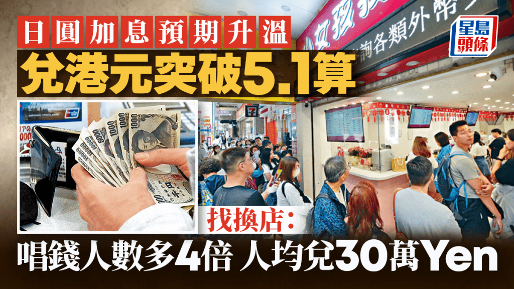 日本加息預期升溫  兌港元突破5.1算 找換店：唱錢人數多4倍 人均兌30萬Yen