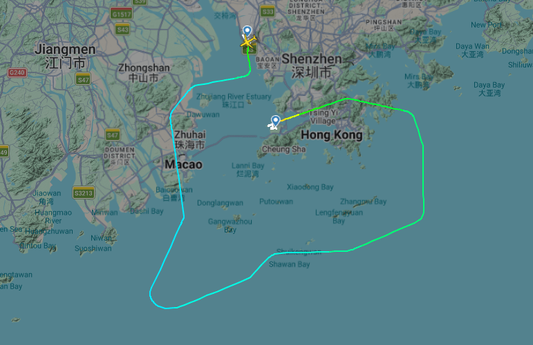飛機在下午5時35分再起飛，並於傍晚6時22分抵達香港國際機場。flightradar24圖片