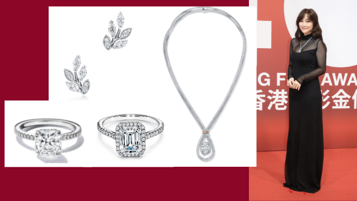 選穿Ralph Lauren黑色半透視晚裝的謝安琪，就佩戴了Tiffany & Co.的珠寶作品，當中單是那條鑽石項鏈已價值$12,400,000。