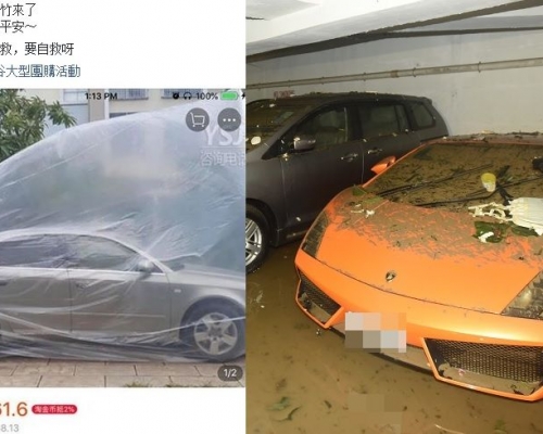 網民在fb群組轉貼淘寶網有售的汽車防洪袋,笑言「保安平」。右圖為去年天鴿襲港時杏花邨停車場的情況。