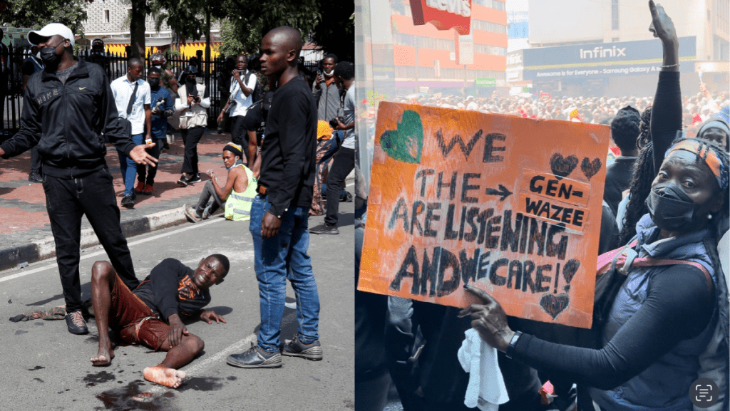 肯亞警方以實彈驅散示威民眾，社運人士奧瑪（右）也在場參與。（路透社，X@Auma Obama）