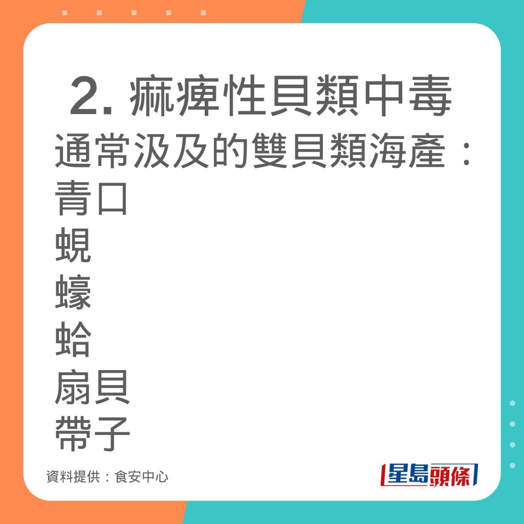 食安中心分享不同毒素通常汲及的雙貝類海產及中毒症狀。