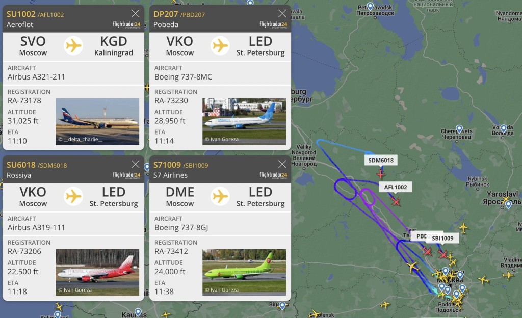 航班追蹤網站數據顯示，許多飛往聖彼得堡的國內航班掉頭。
