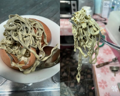 蘭西雅打開雞蛋後驚見長條形物體。 Noonay Noonier facebook 圖片