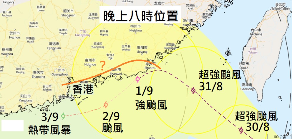 如果預期在華中出現的反氣旋較弱，則蘇拉可能會像原來預測一樣登陸後才拐彎(橙色路線)。林超英FB圖片