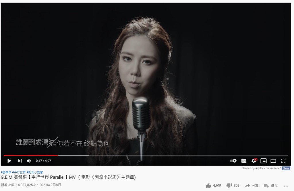 鄧紫棋今年2月為電影《刺殺小說家》演唱主題曲《平行世界》。