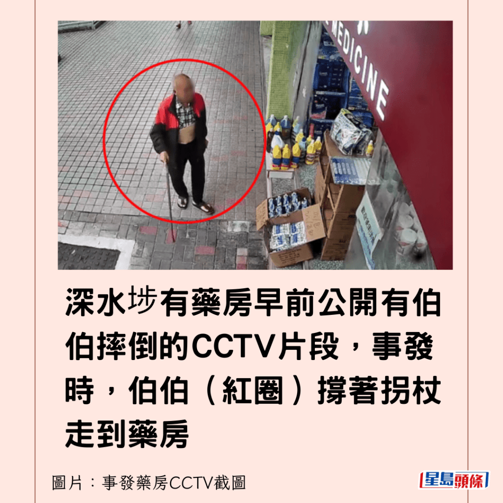 深水埗有药房早前公开有伯伯摔倒的CCTV片段，事发时，伯伯（红圈）撑著拐杖走到药房。