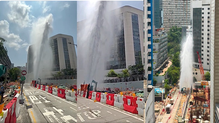 荃灣國瑞路工地爆食水管 湧十層樓高水柱 附近兩商廈停水