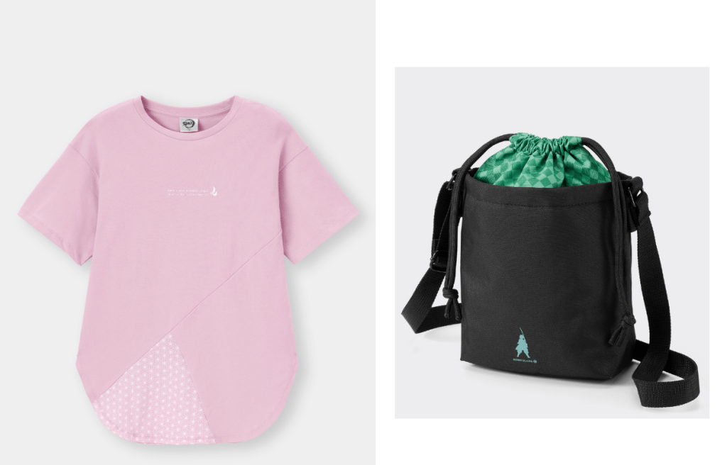 左起：女裝Oversize拼湊設計T恤/$129/G、拼色水桶袋/$179/G。