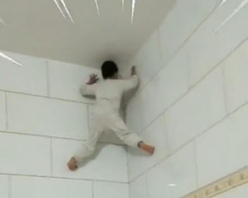 7岁男孩徒手爬墙快如壁虎，成网络热话。（网图）