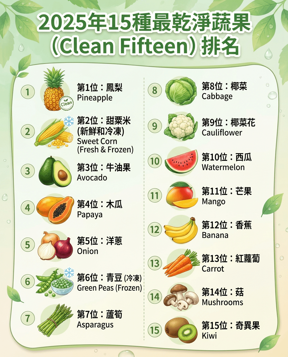 2025年15种最干净蔬果(Clean Fifteen)排名 2025年15种最干净蔬果(Clean Fifteen)排名
