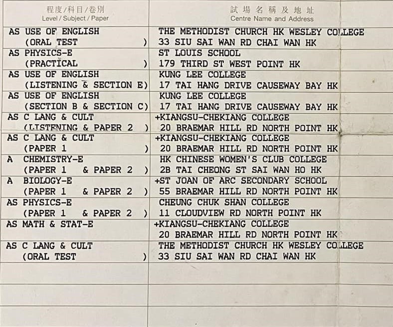 准考證列出試場地址。fb「90年代回憶（新版）」截圖