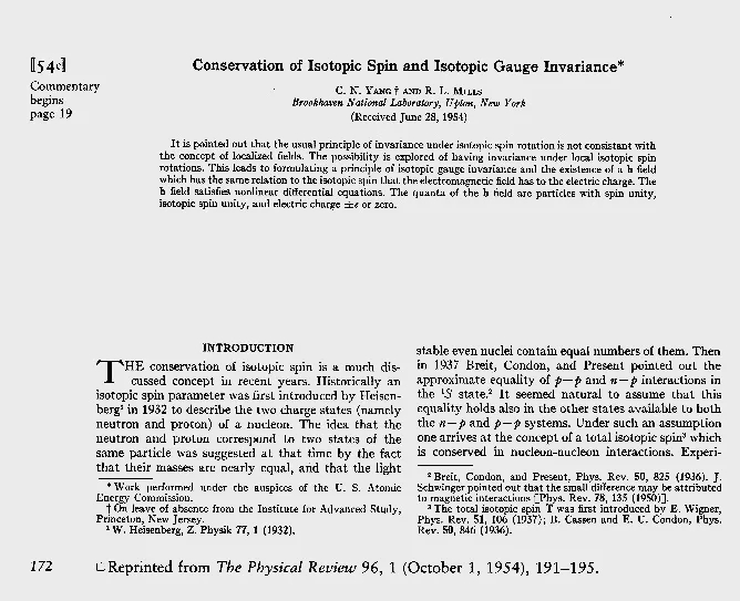 1954年楊振寧與米爾斯關於「非阿貝爾規範場」的論文。 1954年楊振寧與米爾斯關於「非阿貝爾規範場」的論文。