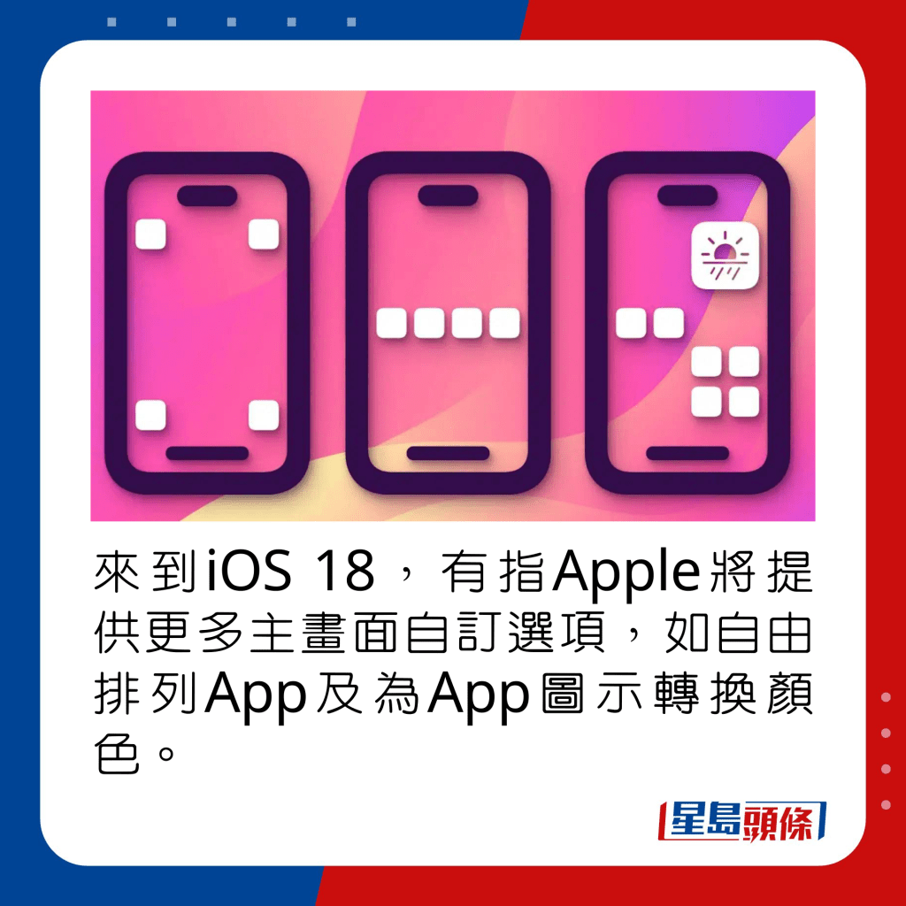 來到iOS 18，有指Apple將提供更多主畫面自訂選項，如自由排列App及為App圖示轉換顏色。
