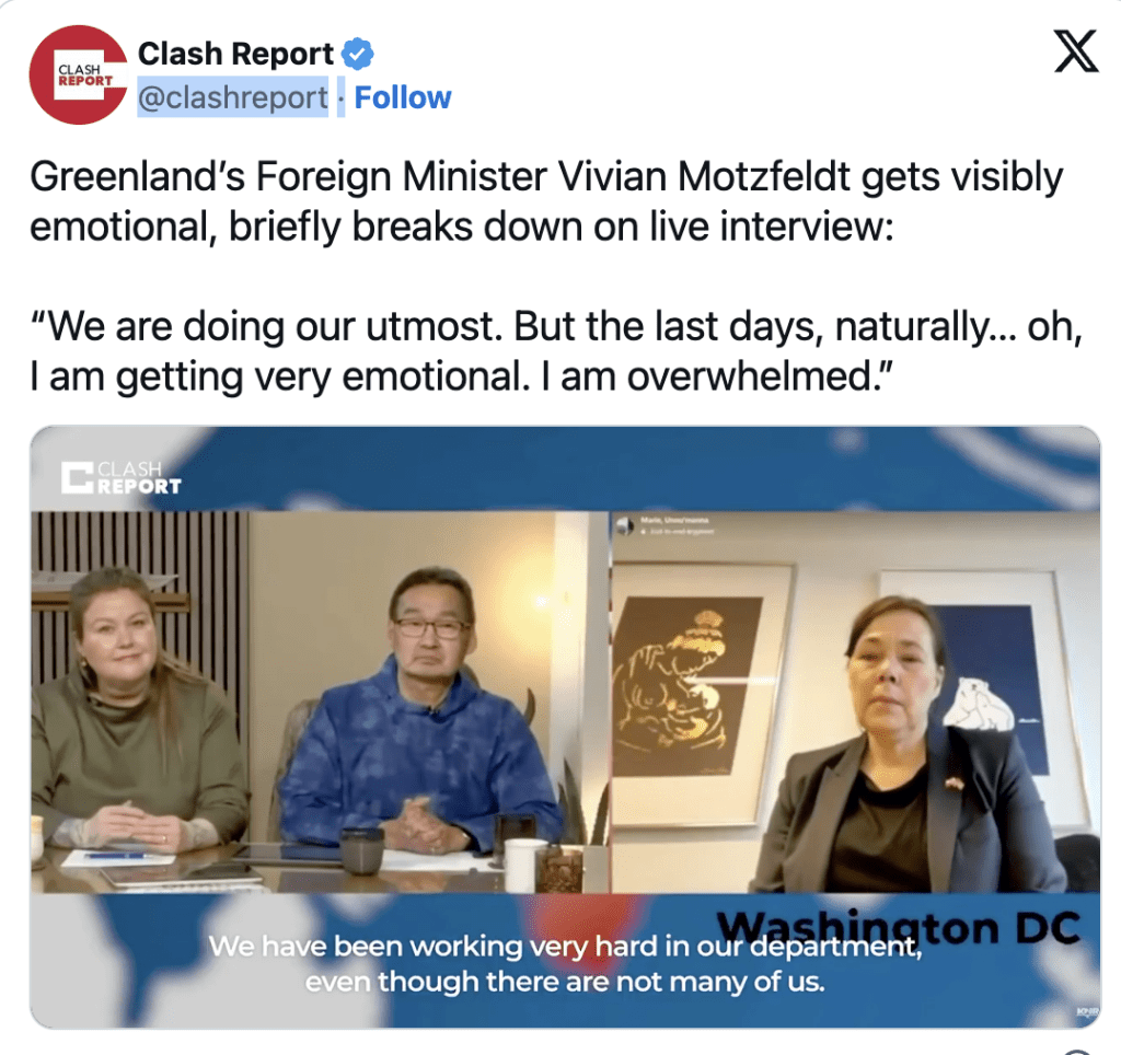 會後，53歲的莫茨費爾特透過視像接受格陵蘭國家廣播公司（KNR）訪問。X@clashreport（下同）