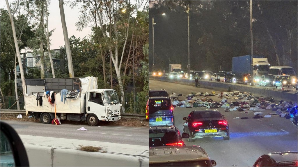 新田公路貨車自炒劏頂 衣衫雜物散落一地 來回行車受阻