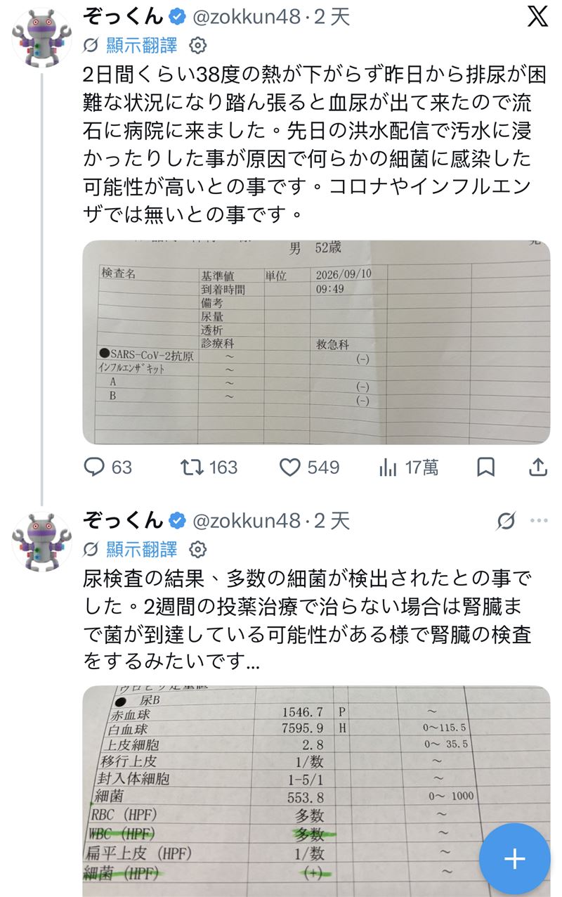 緊急就醫後，尿液檢查發現含有大量細菌，疑是接觸污水造成感染。X@zokkun48