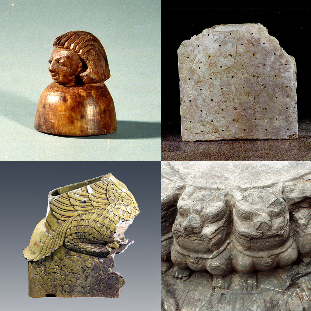 博物館明星文物：外國人像象牙雕像（左上）；特大方磚（右上）；黃釉鴞吻（左下）；雕十六獅柱丈石（右下）（南越王博物院官方網頁圖片）