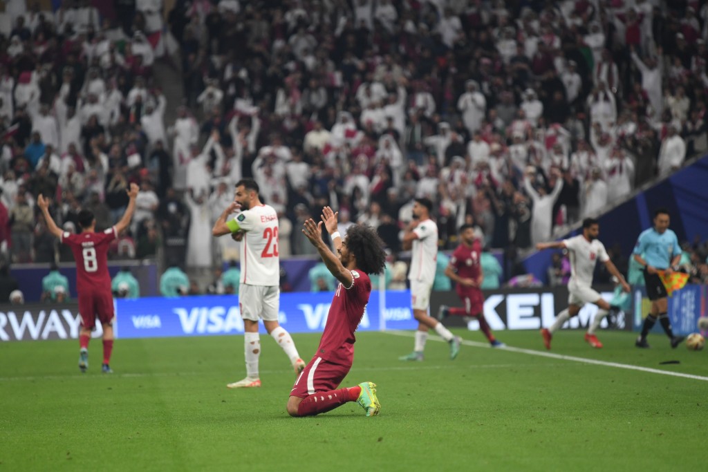  亚洲杯决赛，卡塔尔击败约旦卫冕，阿费夫完场庆祝。 吴家祺摄