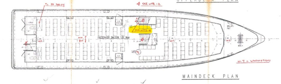 南丫四號總佈置圖,瑩光筆位置為梁廣就建議將圍板加高至300毫米。圖片來源:南丫海難獨立調查委員會 南丫四號總佈置圖,瑩光筆位置為梁廣就建議將圍板加高至300毫米。圖片來源:南丫海難獨立調查委員會