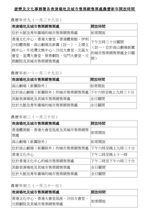 農曆新年康文署表演場地及城市電腦售票處安排。