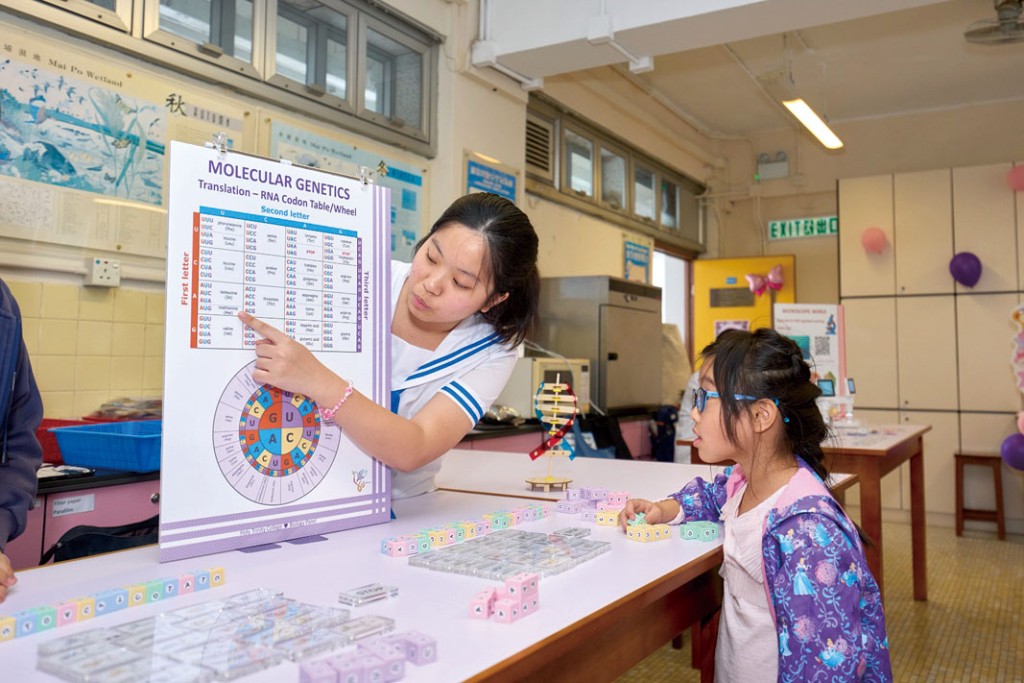 上智學生在開放日中，透過遊戲讓來賓認識基因密碼。