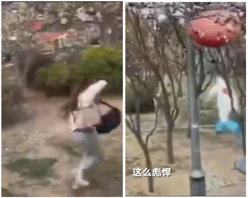 片段中可見,女留學生手持2袋物品,逃跑數十米後遭防疫人員攔截。影片截圖
