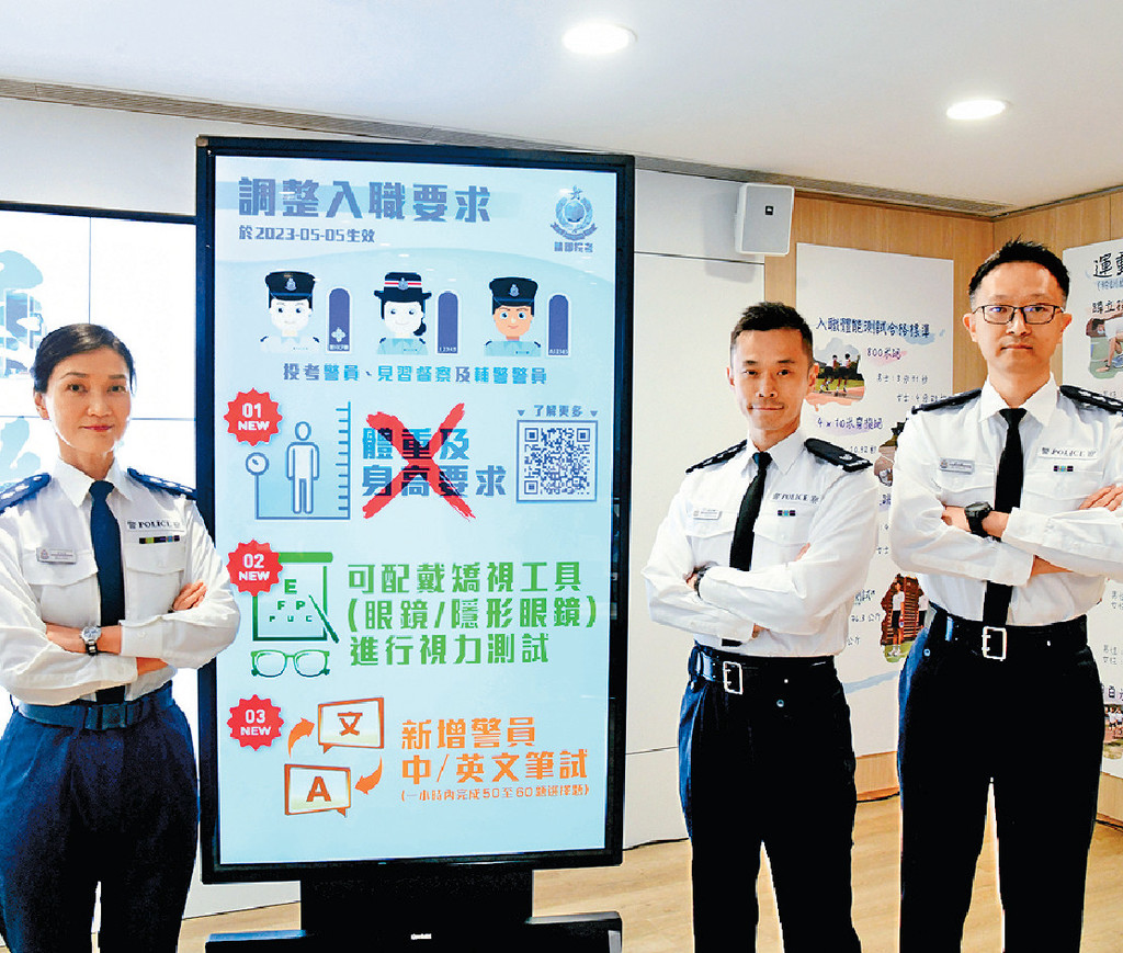 ■左起：警方人事部人力資源科總警司郭美森、人事部招募組警司陳杰峰、人事部資源組總督察蕭政廉，講解警隊新入職要求。
