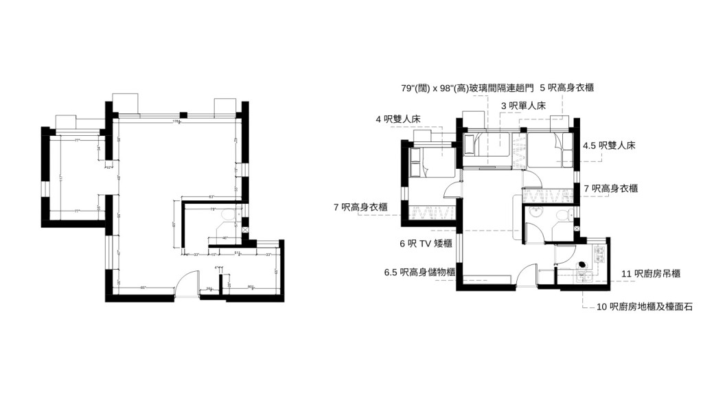 4至5人單位平面圖及傢俬擺位圖。