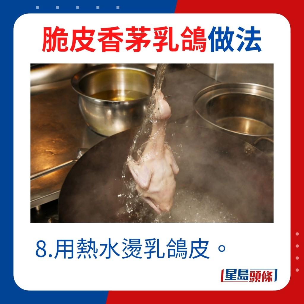 8.用热水烫乳鸽皮。